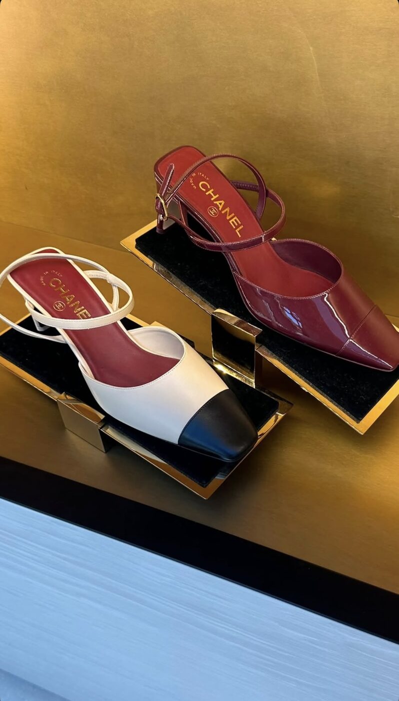 Chanel Slingback — Burgundy patent, white leather