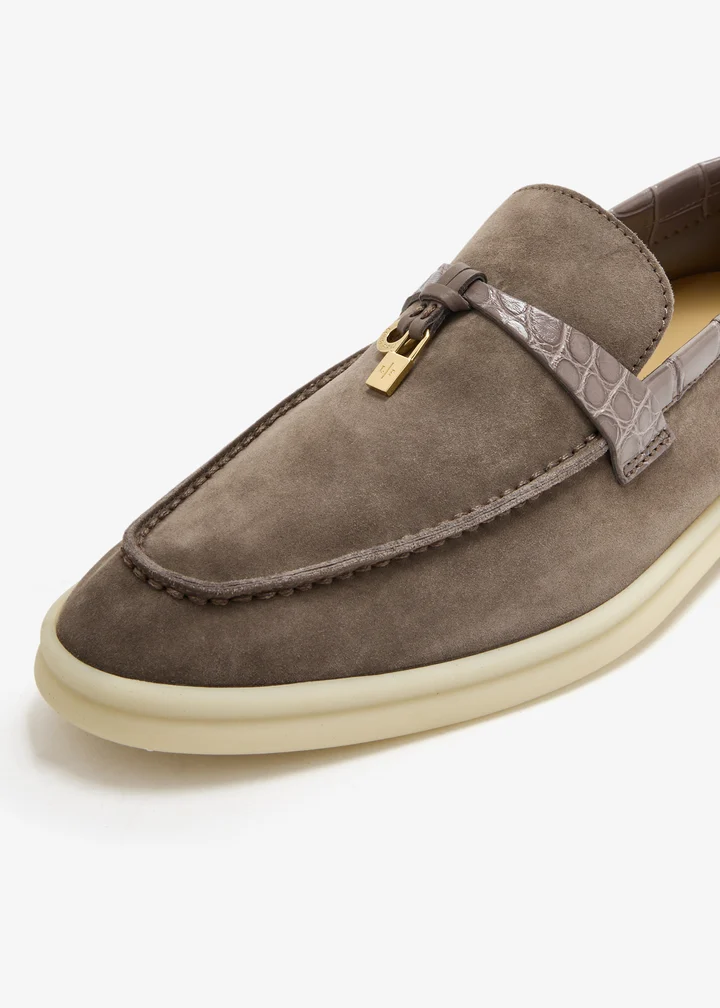 Loro Piana Summer Charm Walk Loafer — Brown suede, silver-tone charm
