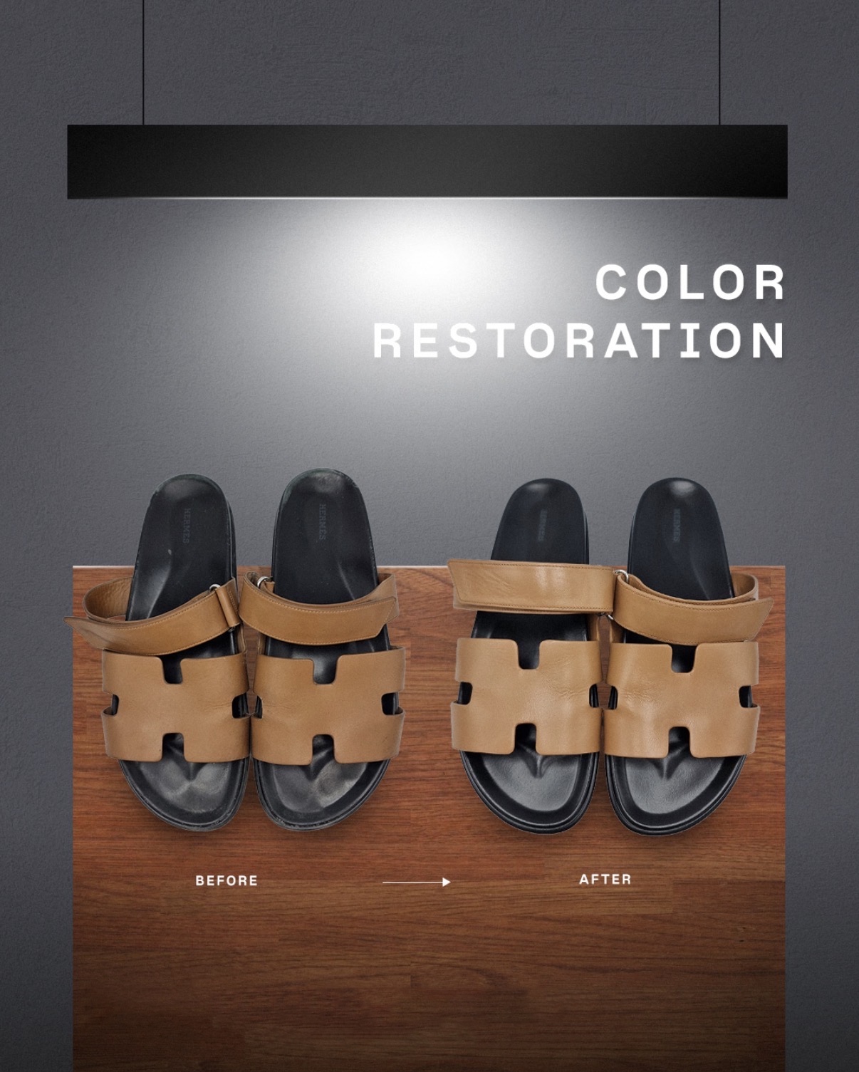 Before and after of leather sandals restored to their original colour