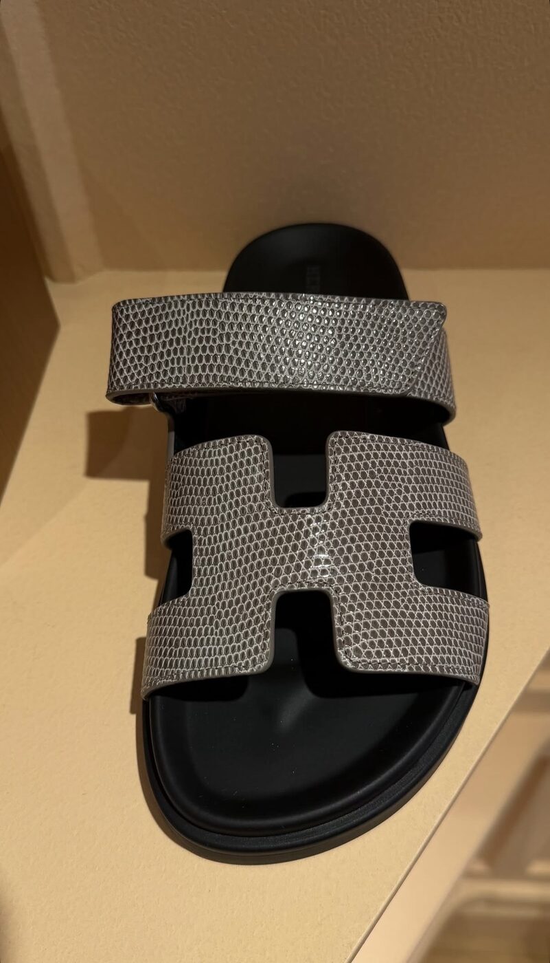 Hermès Chypre Sandal — Grey suede, natural footbed