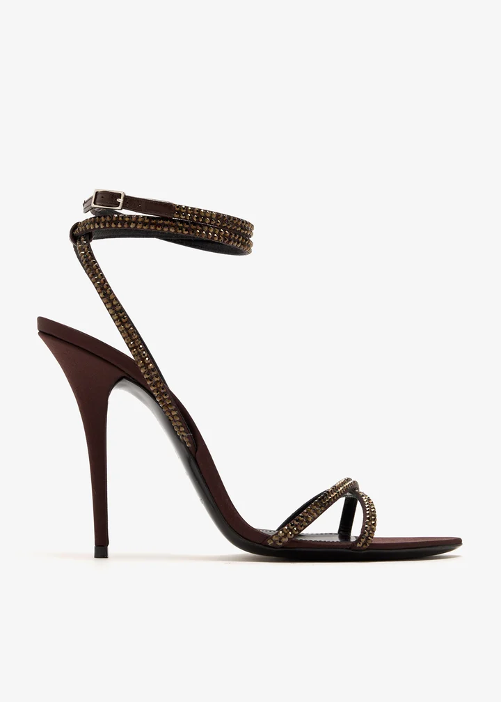 Saint Laurent Ava 105 Sandal — Brown satin, crystal-adorned slim straps