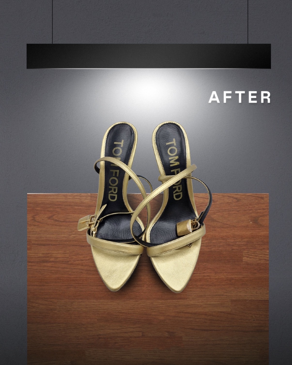 Gold Tom Ford padlock sandals fully restored in the atelier