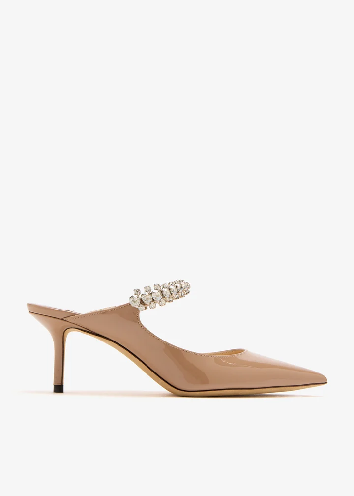 Jimmy Choo Bing 65 Mule — Beige patent leather, crystal-embellished strap
