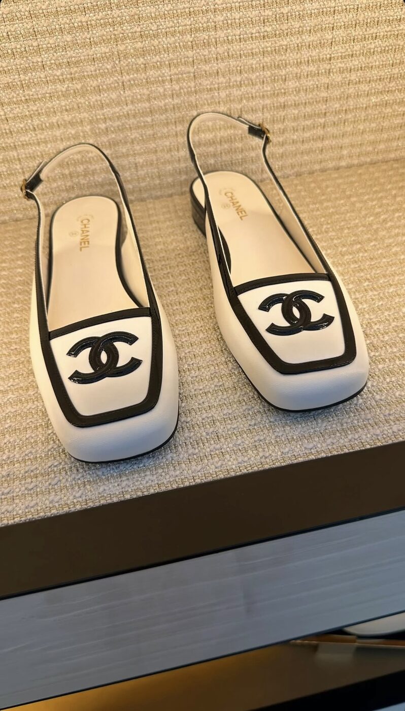 Chanel Slingback — White lambskin, black grosgrain toe