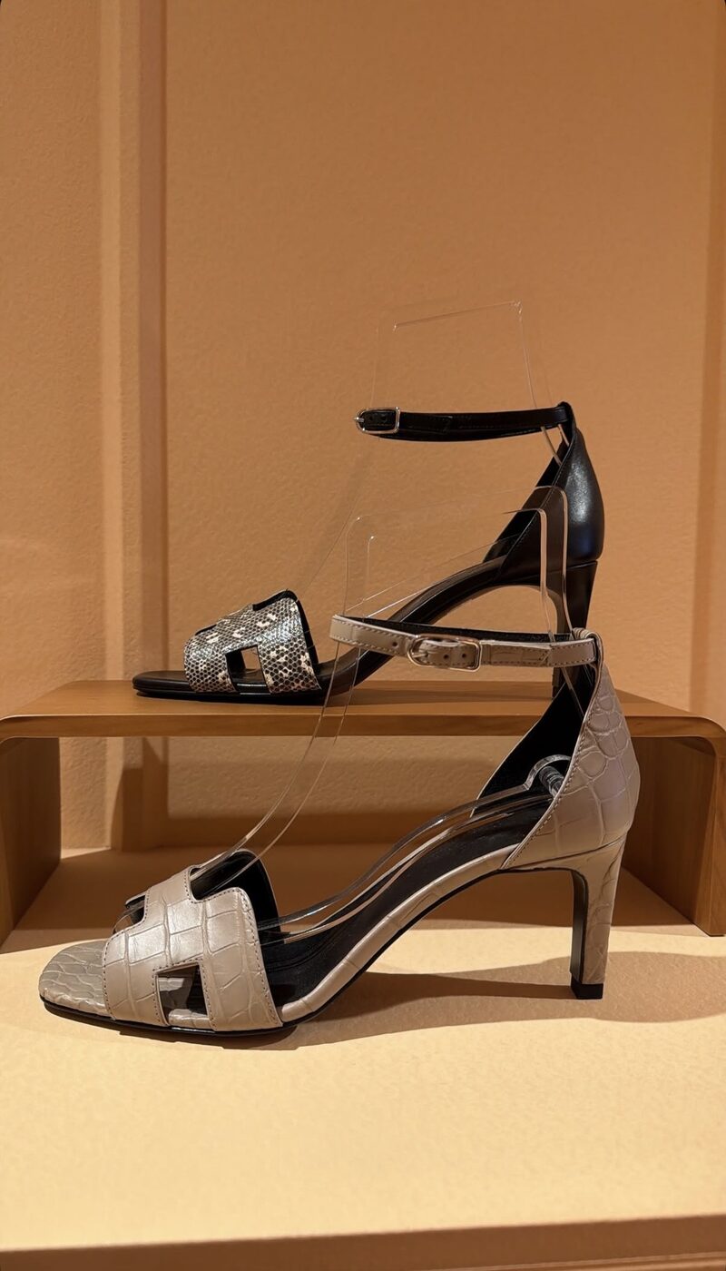 Authenticated Hermès crocodile sandal displayed in a luxury shoe salon