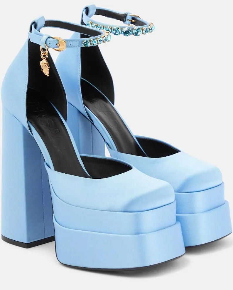 Versace Medusa Aevitas Platform Pump — Ice Blue satin, crystal and Medusa ankle strap