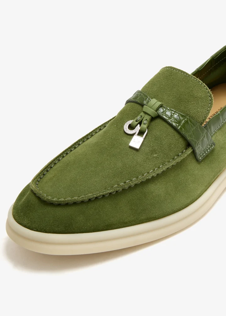 Loro Piana Summer Charm Walk Loafer — Green suede, silver-tone charm