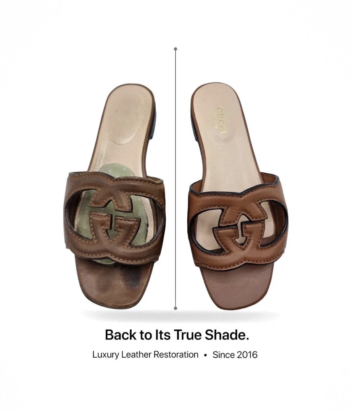 Brown leather sandals returned to their true shade after colour restoration