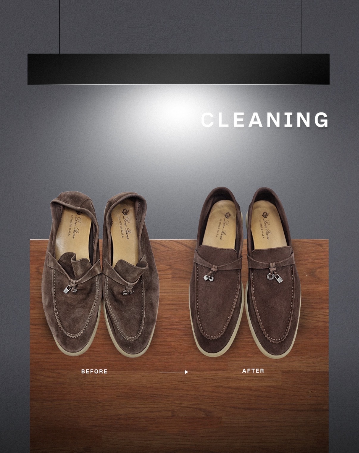 Before and after of loafers deep-cleaned in the atelier