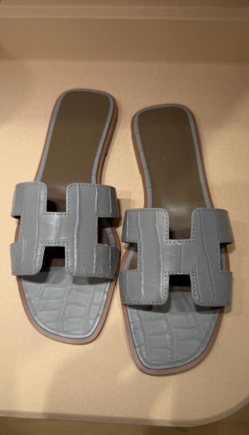 Hermès Oran Sandal — Grey croc-embossed calfskin