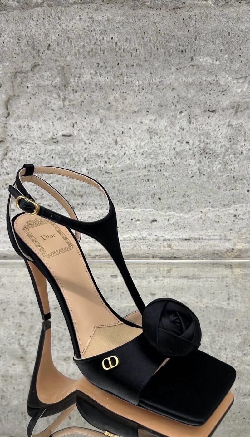 Dior Rose Heeled Sandal — Black satin with sculpted rose