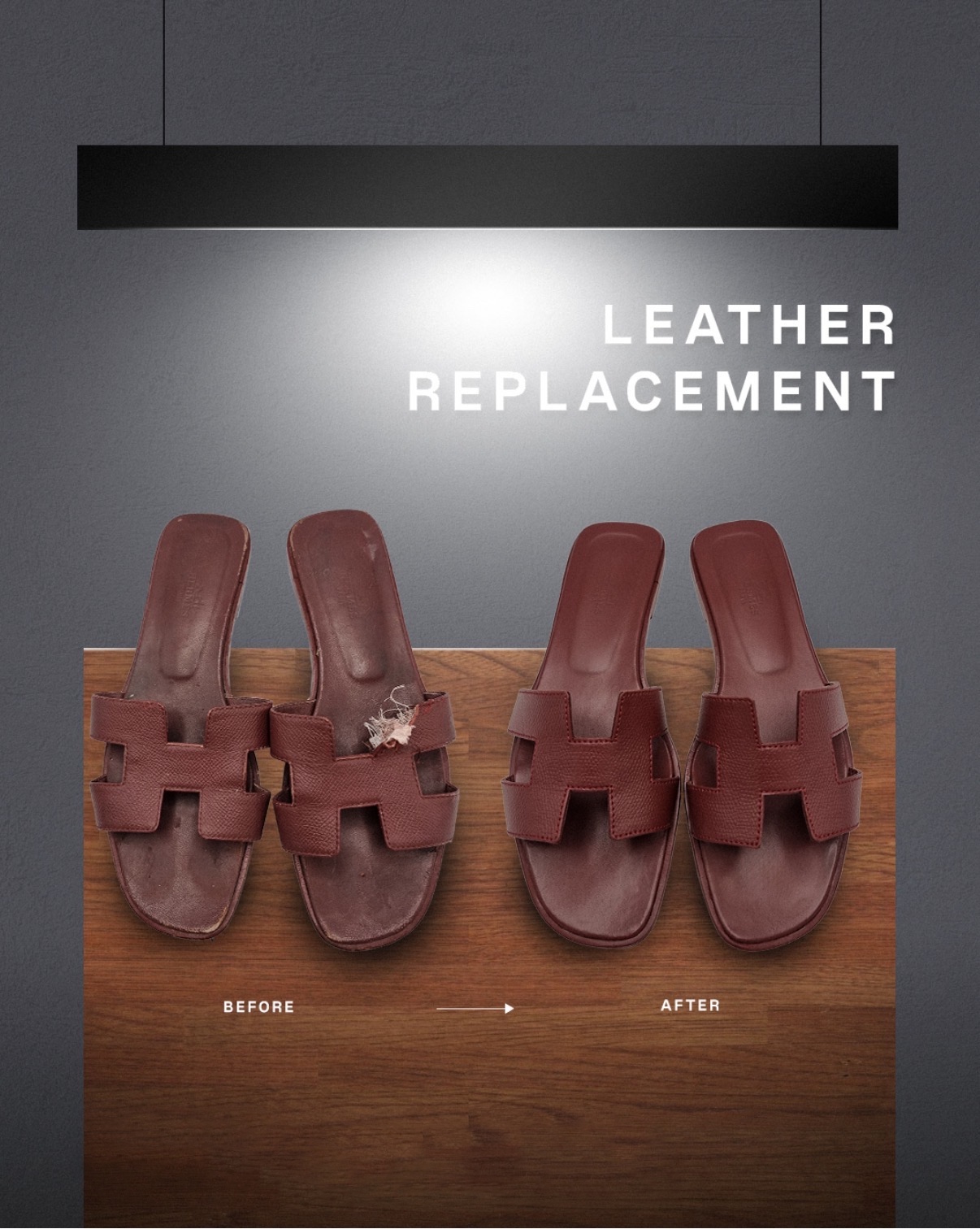 Before and after of sandals with replaced leather panels