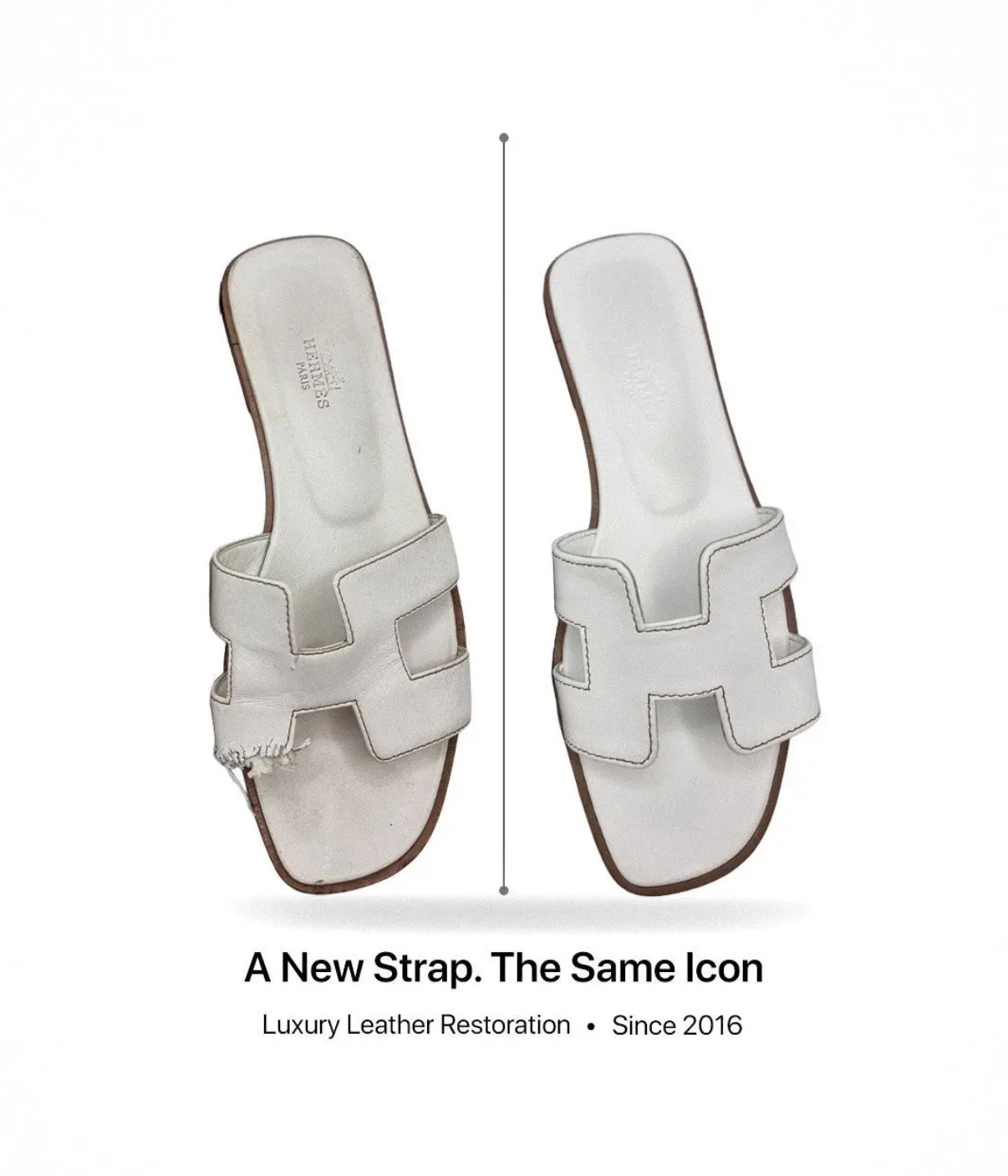 White leather sandals fitted with a new strap in the atelier