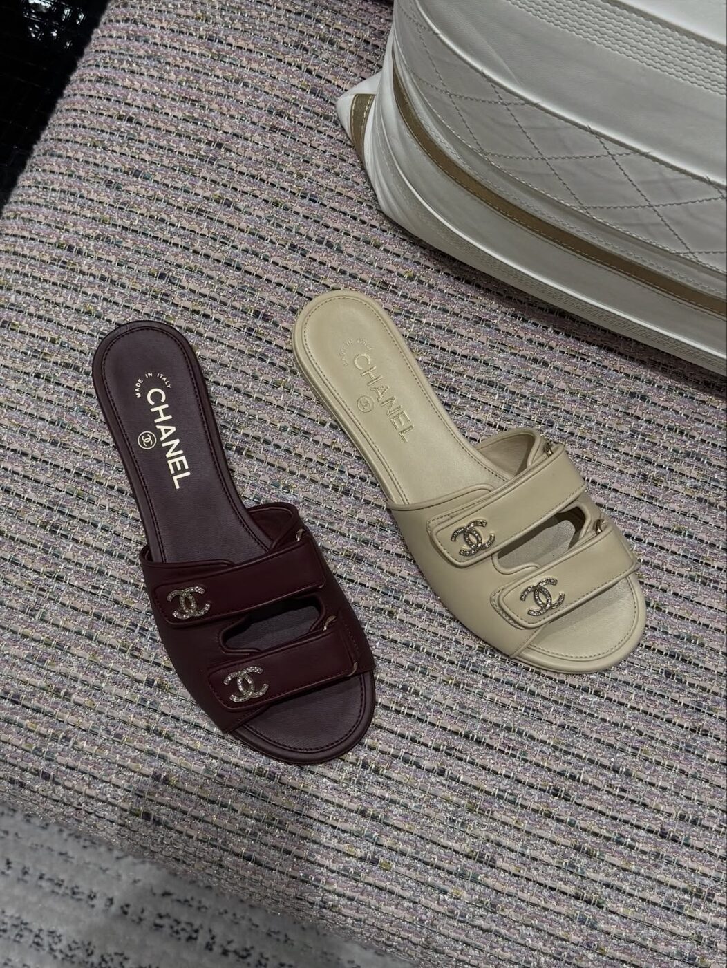 Chanel CC Mule — Burgundy and cream lambskin, pair