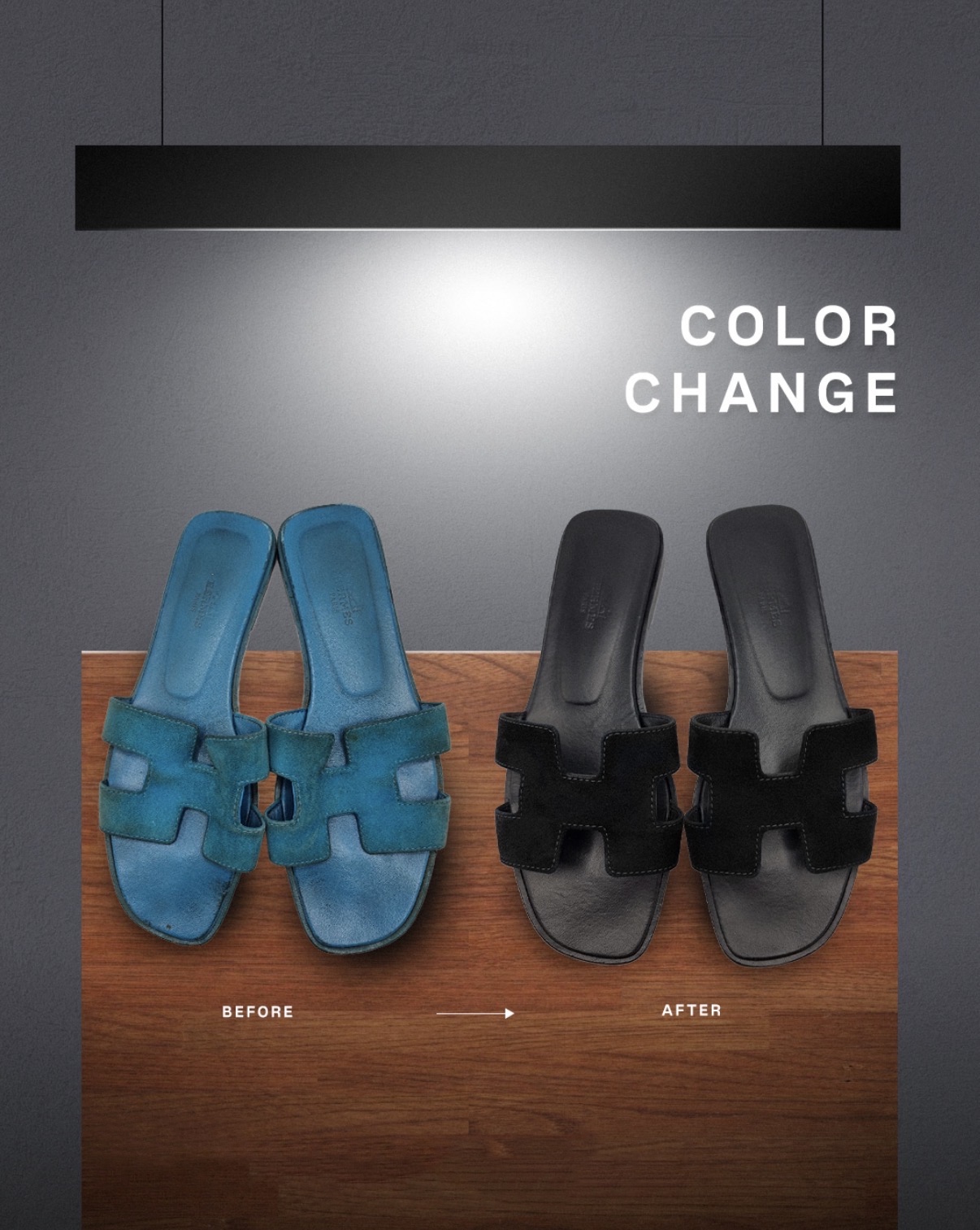 Before and after of sandals re-dyed into a new colour