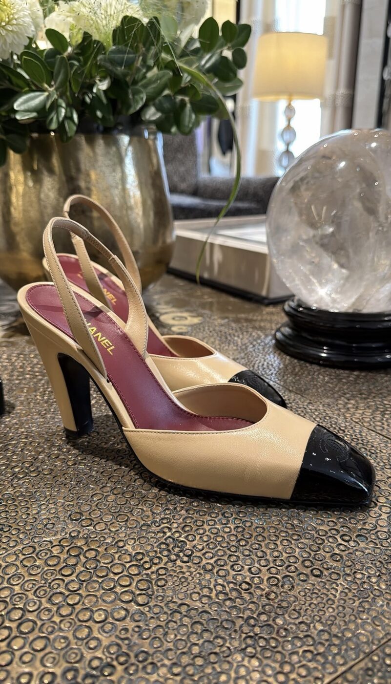 Chanel Slingback — Beige lambskin, black grosgrain toe